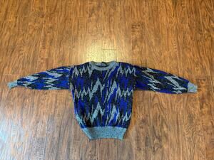 Vintage Spettro Blue Black Gray Abstract Zig Zag Sweater - Size M 20x24 (SG58)